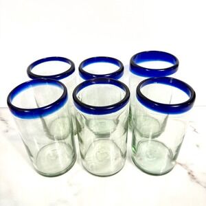Mexican Hand Blown Highball Glasses Cobalt Blue Rim Set of 6 Glass Kitchen 6in